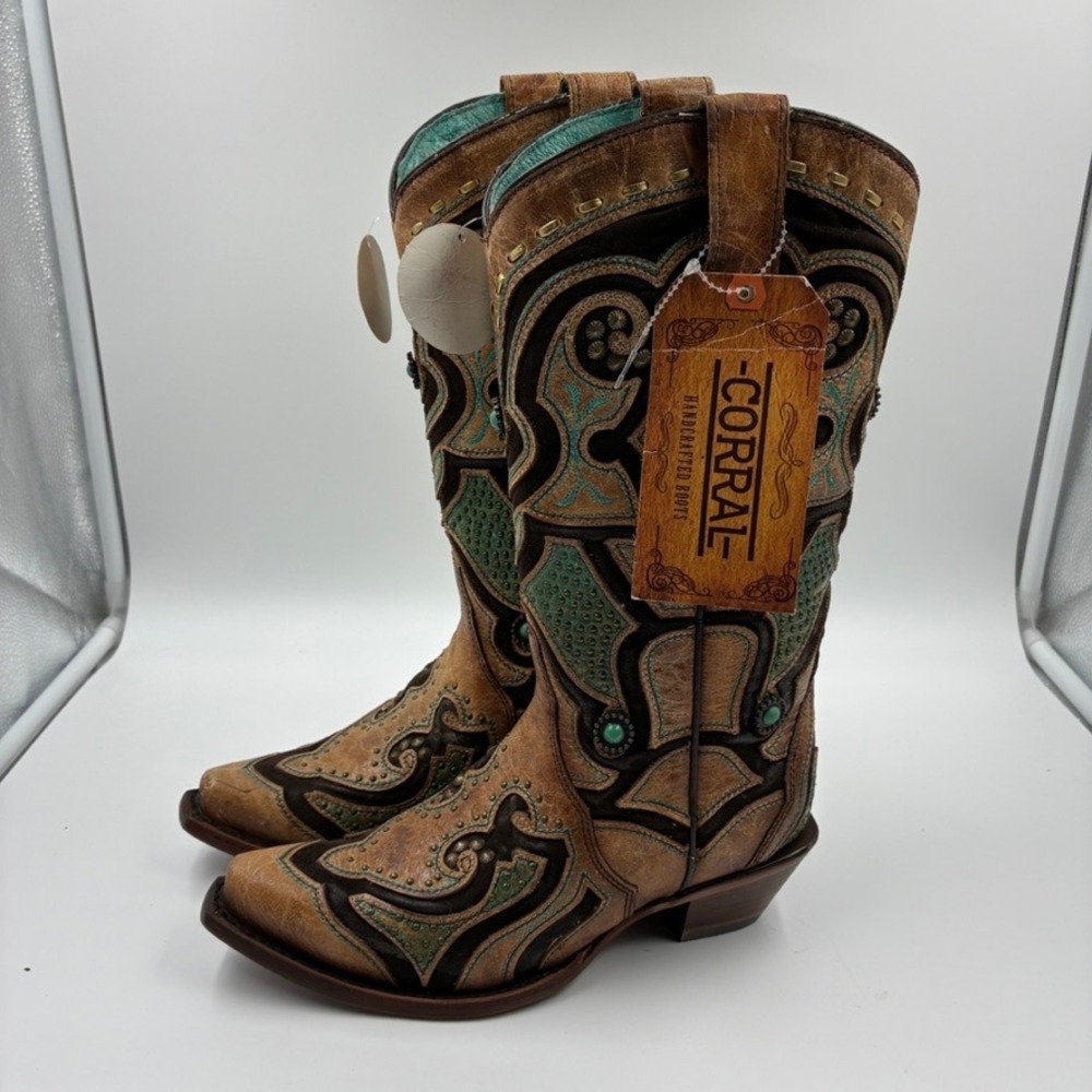 Corral Boots Women's Saddle Brown Teal Leather Inlay Western Snip Toe 6 M - Picture 3 of 16